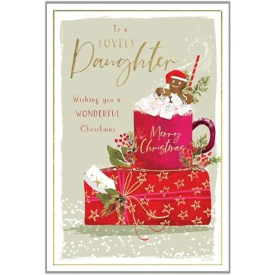 Image of Daughter Christmas Card Special Finishes Festive Hot Chocolate Artistic Design Illustrated Insert Leaf Made in the UK Eco Friendly