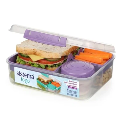 Image of Sistema TO GO Bento Lunch Box 1.65 L School With Compartments &amp; Snack Pot BPA Free 1 Count Misty Purple