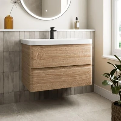 Image of Affine® 800mm Vanity Unit Wash Basin Sink Bathroom Floor Standing Storage Cabinet Cupboard Cloakroom, Soft Close Drawers, Wood Oak Effect