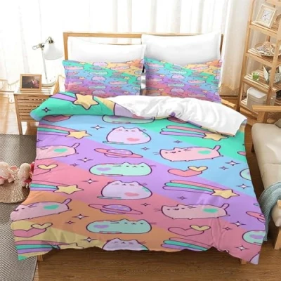 Image of YAOSHER Corlor Pusheen Duvet Cover Set 3D Print Bedding Rainbow Simplicity Comforter with Pillowcases Kids Boys Teens Soft Microfiber Zipper 2 Pcs Single（140x200cm）