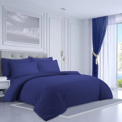 Image of LYMA Bedding Duvet Cover Set Super King Plain, OEKO TEX Certified, Ultra Soft NanoPlush Double Brushed Quick Dry Fabric with Button Closure, Wrinkle Fade Resistant Quilt Pillowcases (Navy)