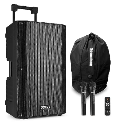 Image of VONYX VSA700 15&quot; Portable PA Speaker System with 2x Handheld Microphones and Bag, Rechargeable Battery, Bluetooth 1000W