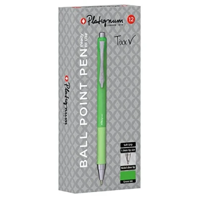 Image of Platignum Tixx Green Ballpoint Pen [Pack of 12] Soft Grip Barrel with Hybrid Gel Ink for Smudge Free and Ultra Smooth Writing [50491]