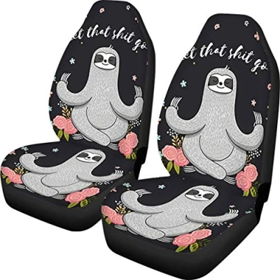 Image of Biyejit Floral Sloth Front Car Seat Cover &#039;let the shit go&#039;Pattern Vehicle Bucket Seats for Accessories SUV Van Sedan Soft 2 Piece