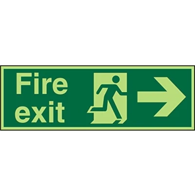 Image of Seco Fire Exit Exit, Man Running Right, Arrow Pointing Right Sign, 450mm x 150mm Photoluminescent 1mm Semi Rigid Plastic