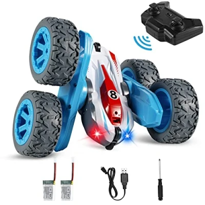 Image of Kizmyee Remote Control Car Toy for Kids, 4WD RC Stunt toy, 2.4Ghz Rotating Double Sided Flips 360 Crawler Truck Vehicle Kids Boys Girls (blue)