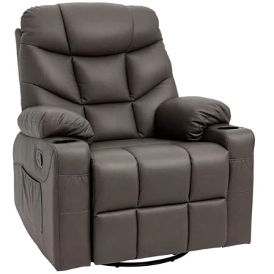 Image of HOMCOM Recliner Armchair, Swivel PU Leather Manual Reclining Chair with Adjustable Leg Rest, Drink Holders, Side Pockets, for Home Living Room, Dark Brown