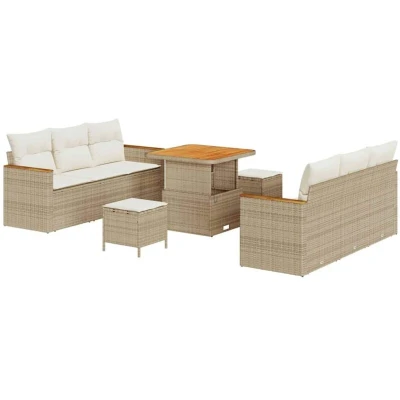 Image of vidaXL 9 Piece Garden Sofa Set with Cushions Beige Poly Rattan Acacia