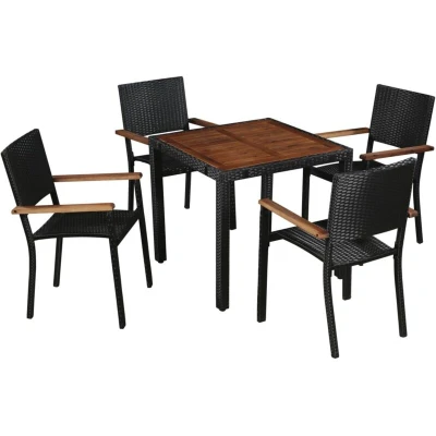 Image of vidaXL 5 Piece Outdoor Dining Set Poly Rattan and Acacia Wood Black