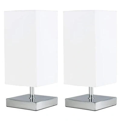 Image of Pair of Modern Square Polished Chrome Touch Table Lamps with a White Shade