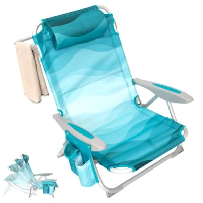 Image of #WEJOY 4 Position Adjustable Beach Chair for Adults, Folding Low Lightweight &amp; Portable, High Back Pillow Pocket Outdoor Garden Reclining Camping Chair, CYANPATTERN