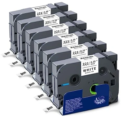 Image of 6X XemaX Label Tape Compatible for Brother Printer 9mm TZe 221 Black on White P Touch Maker PT E110 H100R H100C H105 H110 E550W 1010 E100 H108 1000