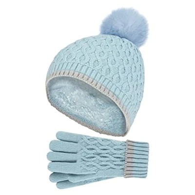 Image of HEAT HOLDERS Girls Thermal Insulated Pom Bobble Beanie Hat and Gloves Colourful Pastel Styles (7 10 Years, Al Blue)