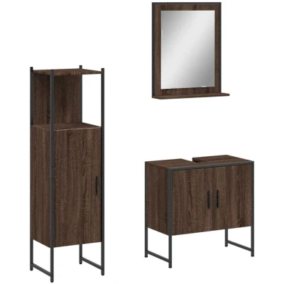 Image of vidaXL Brown Oak Engineered Wood 3 Piece Bathroom Vanity Set with Sink Cabinet, Wall Mirror Spacious Tall Cabinet