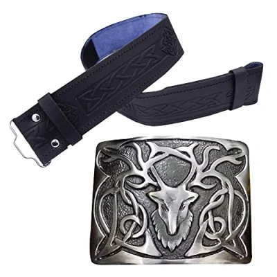 Image of Mens Scottish Kilt Belt Buckle Stag Head Antique Buckles Highland Celtic Chrome/Silver Finish (Medium, Silver Antique)