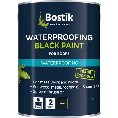 Image of Bostik Bituminous Black Paint, Waterproofing Paint for Metalwork and Roofs, Brush On, Colour: Black, 1L Tin