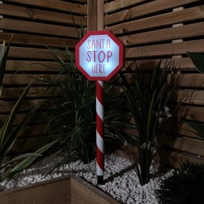 Image of 55cm Battery Operated Light up Santa Stop Here LED Christmas Sign