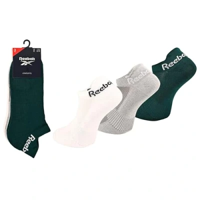 Image of Mens and Women&#039;s 3 Pair Reebok Essentials Cotton Trainer Socks White / Grey Black 4.5 6 UK