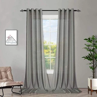 Image of Melodieux 2 Panel Faux Linen Voile Net Curtains Semi Sheer Ring Top Drapes for Bedroom, Living Room, Window Grey, 55 x 72 inch drop (140 183cm)