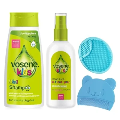 Image of Vosene Kids 3 in 1 Lice Repellent Shampoo, Conditioning Defence Spray, Silicone Baby Brush &amp; Comb Bundle Nit Treatment for Kids, Head Ideal Prevention Sensitive Skin
