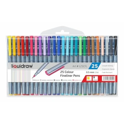 Image of Liquidraw 25 Fineliner Colouring Pens Set Fine Point 0.5mm Assorted Colours, Fineliners Coloured Pens, School, Office, Artists, Architects, Technical Drawing, Handwriting, Calligraphy &amp; Sketching
