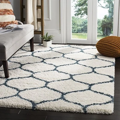 Image of Safavieh Shaggy Rug for Living Room, Dining Bedroom Hudson Shag Collection, High Pile, in Ivory and Slate Blue, 155 X 229 cm