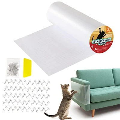 Image of VavoPaw Cat Scratch Furniture Protector, 30x500CM Sofa Tape with Scraper and 30 Pins, Plaid Backing Protectors for Cloth Couch, Doors, Not Applicable to Any Leather