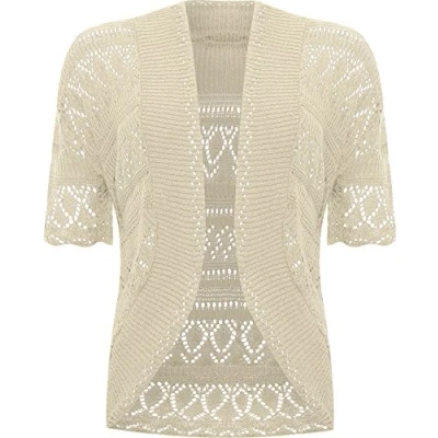 Image of WearAll Womens Plus Size Crochet Knitted Short Sleeve Ladies Open Cardigan Top Stone 18/20