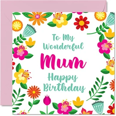 Image of Fun Birthday Cards for Mum Wonderful Female Cute Happy Card from Daughter Son, Mother Special Gifts, 145mm x Floral Greeting Mama Mom Mam Mammy
