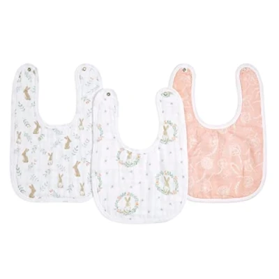 Image of aden + anais essentials Snap Baby Bib, 100% Cotton Muslin, 3 Layer Burp Cloth, Super Soft &amp; Absorbent for Infants, Adjustable with Snaps, Pack, blushing bunnies, 23x34cm (AD134)
