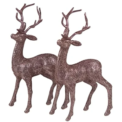 Image of Snow White Set Of 2 Rose Gold Glitter Reindeer Figurines Christmas Decoration Ornaments.