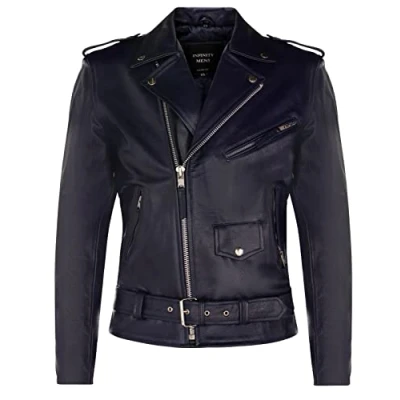 Image of Infinity Leather Mens Cow Hide Black Brando Jacket Venice Navy Size Small