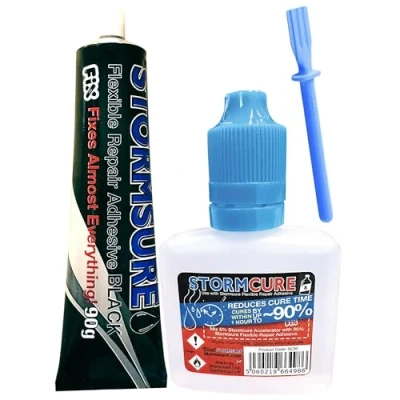 Image of Stormsure Flexible Repair Adhesive Kit 90g Black + 30ml Stormcure Accelerator Spatula Quick and Reliable Repairs for Strong Results