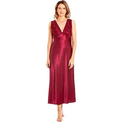Image of undercover lingerie Womens Satin &amp; Deep Lace Long Chemise Nightdress with Build Up Shoulder N52 Claret