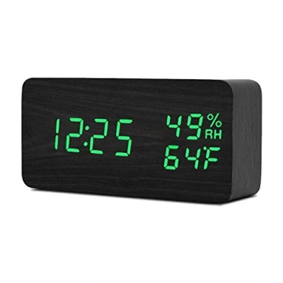 Image of Raercodia Wood Alarm Clock Modern Digital Decorative Electronic Desk LED Display Time Date Temperature Humidity Voice Control 3 Alarms for Home Office Kids Seniors (Black,Green)