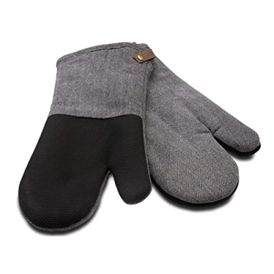 Image of Cuisinart Neoprene Grey Oven Gloves Set of 2 Mitts with Charcoal Herringbone Cuff, Faux Leather Hanging Loop, Non Slip, Heat Resistant