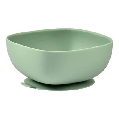 Image of Béaba Suction Cup Bowl for Children, 100% Silicone, Soft and Very Resistant Material, Adheres Table/Shelf high Chair, Tongue Raising The Plate, Microwave Compatible,Sage Green