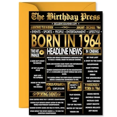 Image of Gold 61st Birthday Card for Men Women Black &amp; Golden Newspaper Born in 1964 Happy 61 Cards Friend Uncle Cousin Dad Husband Nan, A5 Bday Greeting