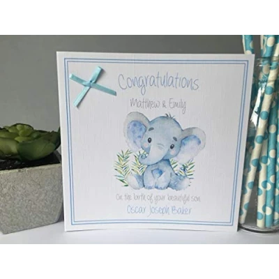 Image of Personalised Handmade Congratulations New Baby Card Boy Watercolour Elephant