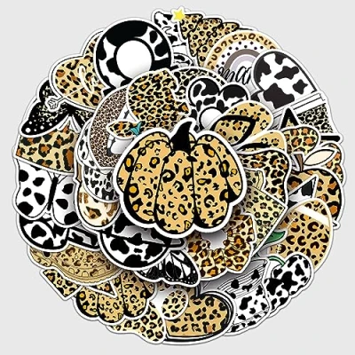 Image of 50Pcs Leopard Stickers Laptop Car Scrapbook Phone Skateboard Suitcase Luggage Bike Vinyl Waterproof Aesthetic Personalised for Teens Boys Girls Adults Children