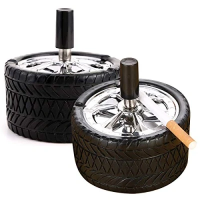 Image of Qixuer 2 Pieces Black Ashtray,Rotating Ashtray Durable Cigarette Ash Tray Stainless Steel with Lid in the Shape of Truck Tyres Modern Wind for Garden Office Home Outdoor Balcony