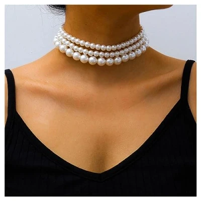 Image of Prosy Layered Pearl Choker Necklace Adjustable Collar Necklaces for Women and Girls