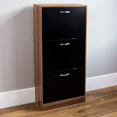 Image of Vida Designs 3 Drawer Shoe Cabinet Cupboard Storage Organiser Pull Down Wooden Furniture Wood Unit, Walnut and Black