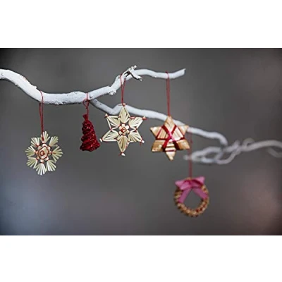Image of HEITMANN DECO Christmas Set of 25 decorations to hang in straw and natural materials with red details tree