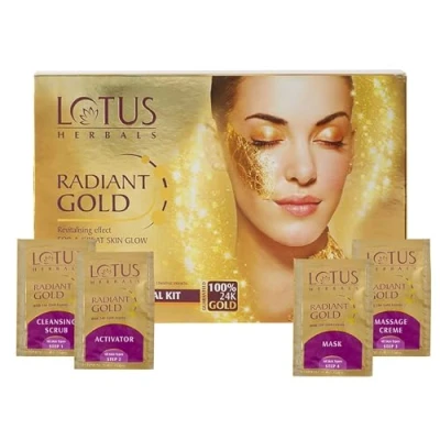 Image of Lotus Herbals Radiant Gold Facial Kit For Instant Glow With 24K Pure &amp; Papaya,4 Easy Steps (Single Use)