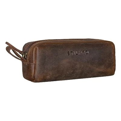 Image of STILORD &#039;Linus&#039; Pencil Case Leather Pen Pouch Office University College Women Men Stationary Vintage Leather, Colour:Zamora Brown