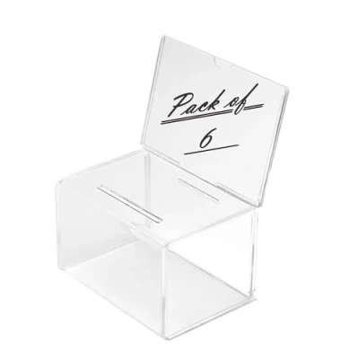 Image of Pack of 6 Deflecto® Suggestion/Coin Box (drop slot size 89mm x 6.4mm) with 152x102mm Sign Holder Crystal