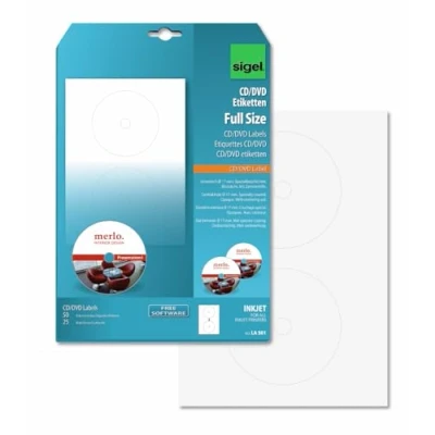 Image of SIGEL LA501 CD/DVD Labels with centering aid, Ø 11.7 cm (center 1.7 cm), 50 lbl equal to 25 sheets, White