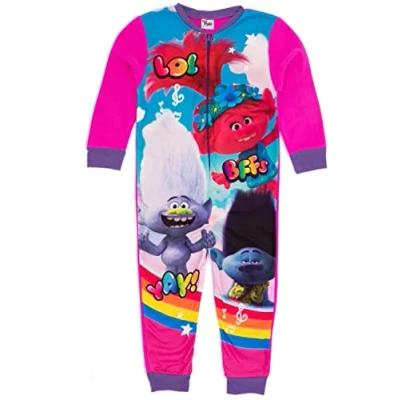 Image of Trolls Girls Onesie In Pink All One Fleece Pyjama Loungewear Branch, Poppy, &amp; Guy Diamond Kids PJs Sleepsuit Bodysuit Nightwear Movie Pajama Jumpsuit Merchandise Gift for Children
