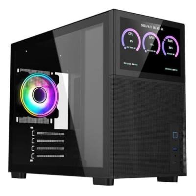 Image of CiT Pro Jupiter Micro ATX PC Gaming Case M/ATX with 8&quot; LCD Screen &amp; Tempered Glass Side Panel 1 Rear ARGB Infinity Fan Included Black